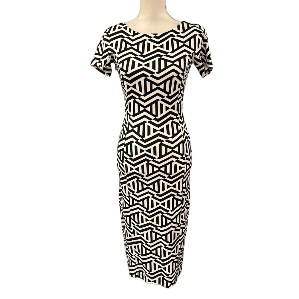 Zara Trafaluc Midi Dress Black White Geometric Fitted Low Back Size M Event